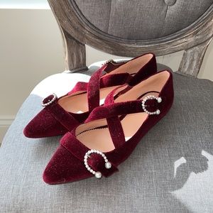J crew cranberry velvet crystal and pearl flats